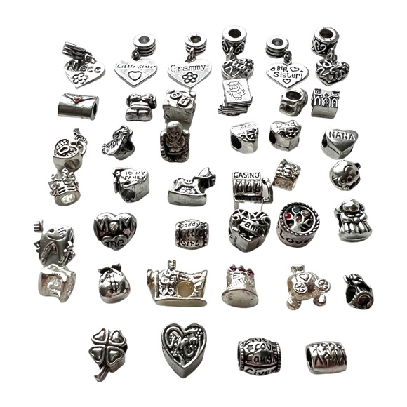 40 Themed European Charm Beads in Silverplate Set of 40 All Different! - Picture 2 of 2
